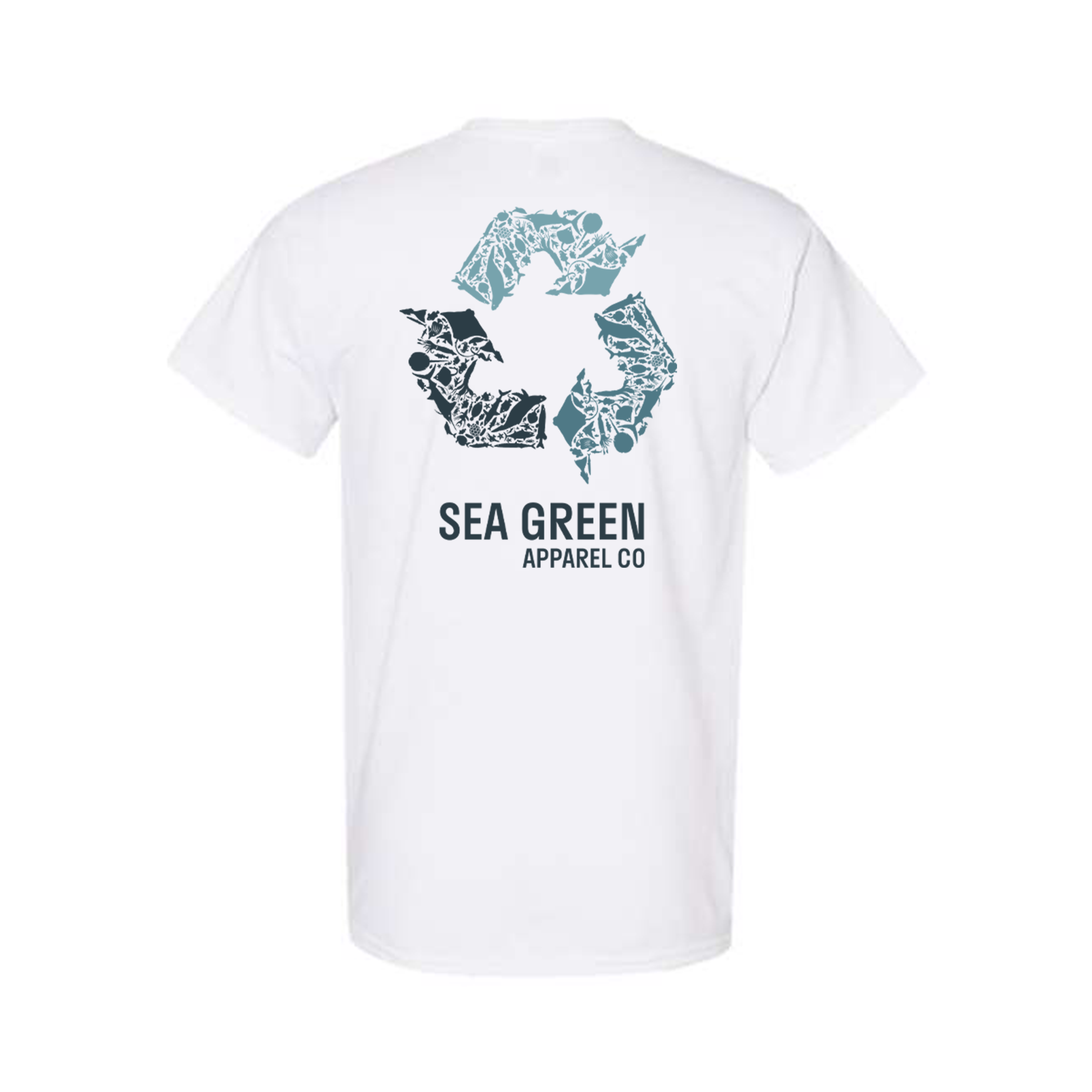Blue gradient sea turtle logo on front left chest and blue gradient signature Sea Green Apparel recycle logo on center back 5.3 Ounce, 100% Heavy Cotton Seamless double-needle 7/8" collar Double-needle sleeves and hem