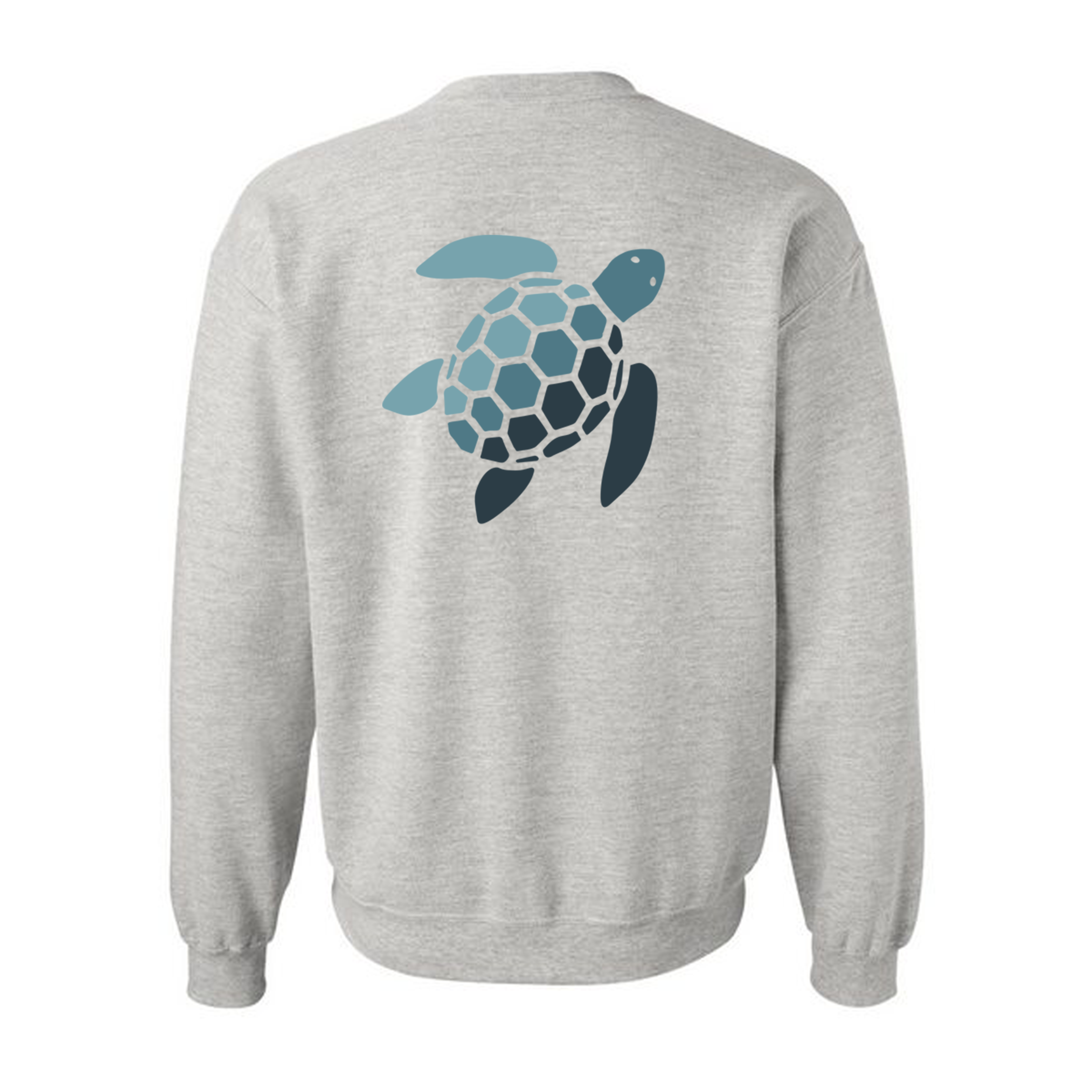 Soft Ash crew neck sweatshirt with Sea Green Apparel navy rectangle logo on front center and blue gradient Sea Green Apparel turtle logo on center back 8-ounce, 50/50 cotton/poly Double-needle stitching at waistband and cuffs 1x1 rib knit collar, cuffs and waistband with spandex