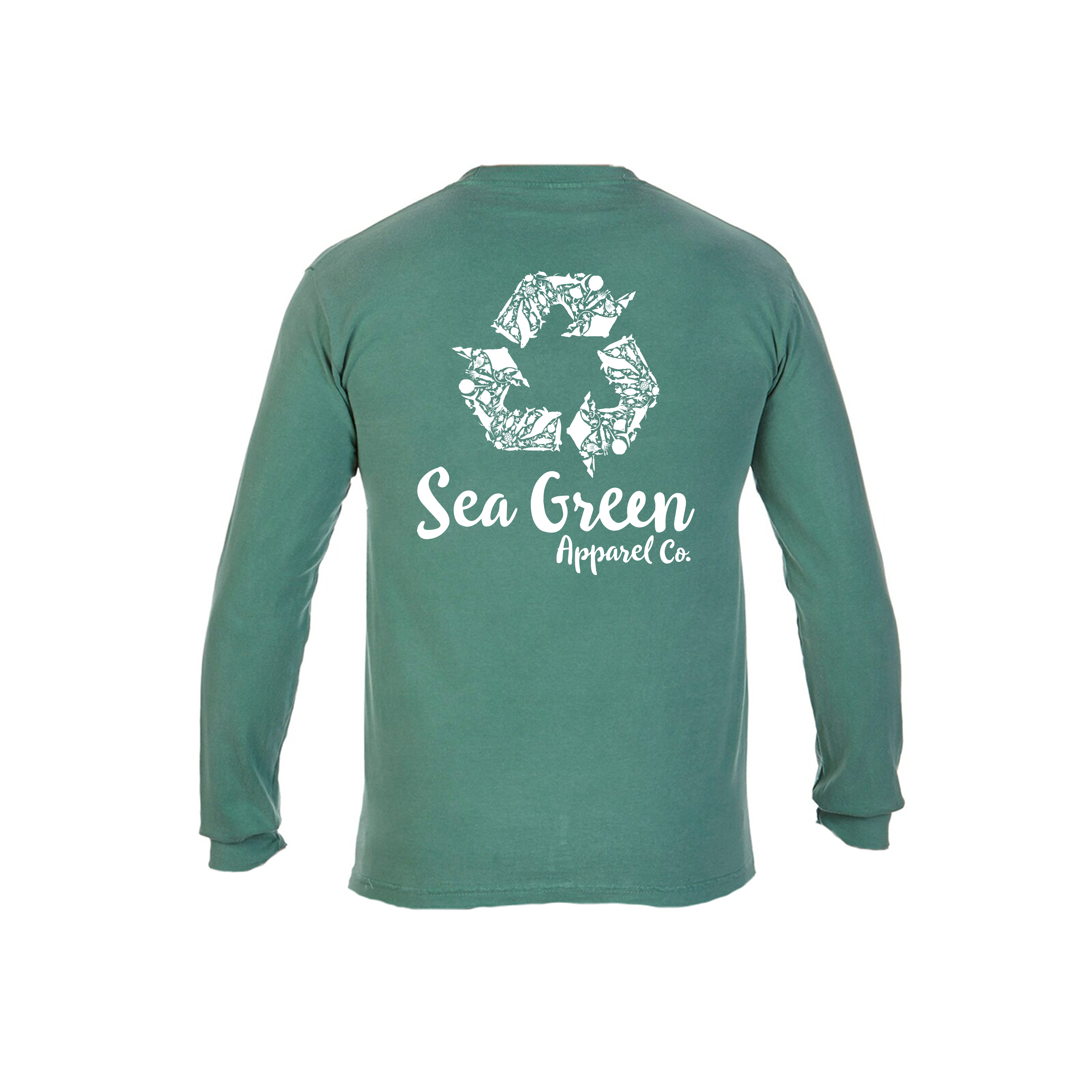 Sea Green Apparel original white turtle logo on left chest and original white recycle logo on center back Classic Fit Open sleeve and waist Even hemline