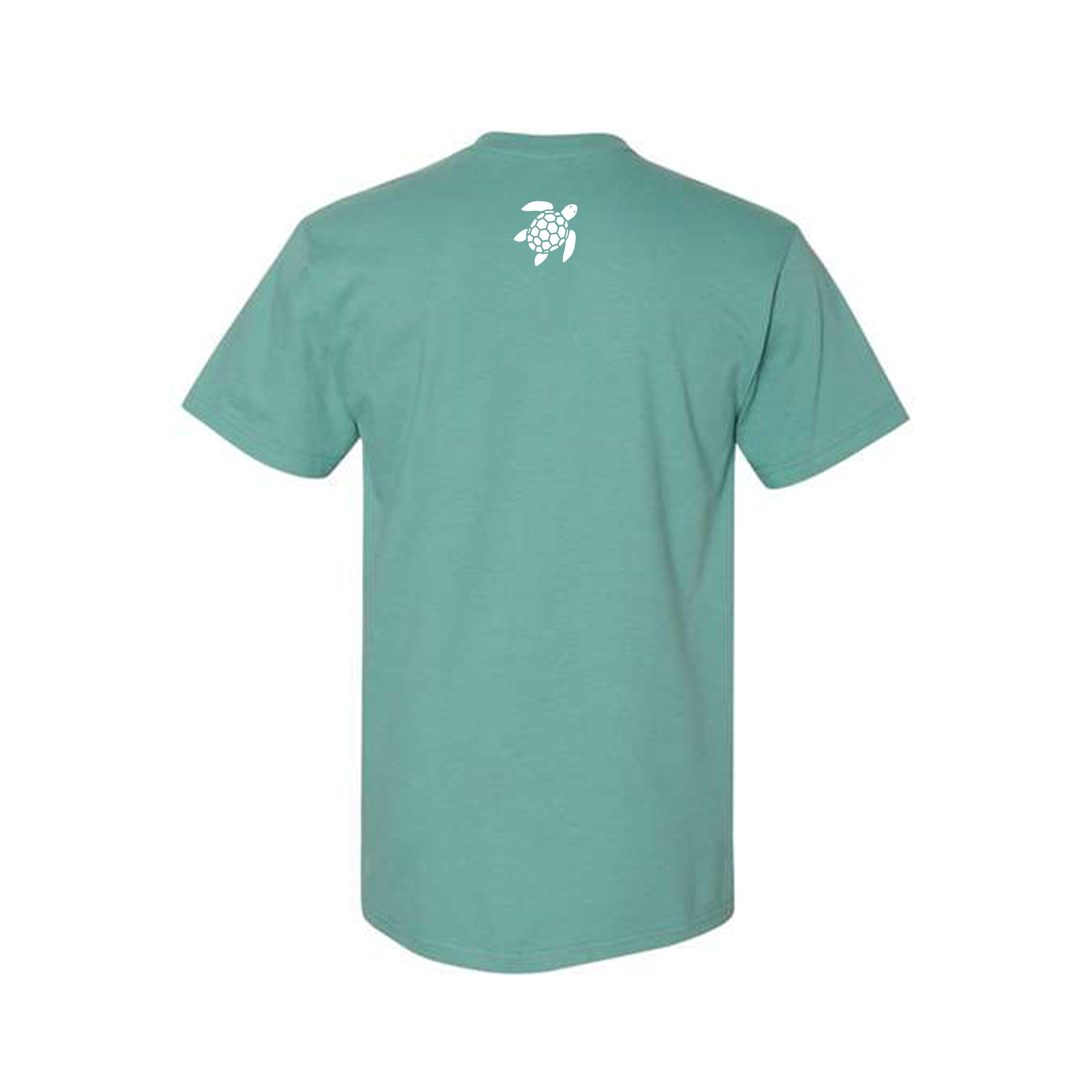 Ice Blue stacked Sea Green logo on front chest and Ice Blue turtle on back center neck 5.3 Ounce, 100% Heavy Cotton Seamless double-needle 7/8" collar Double-needle sleeves and hem