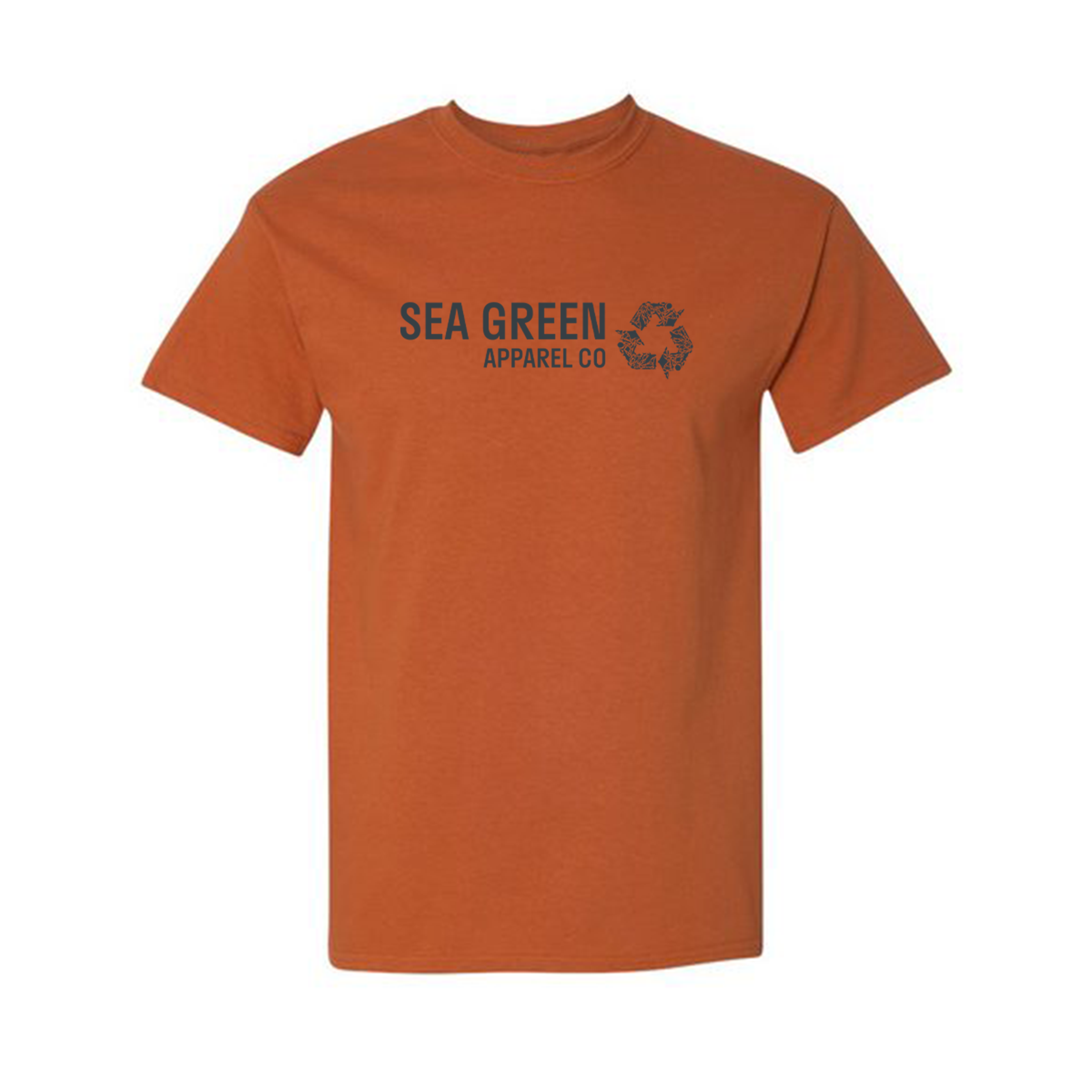 Burnt orange short sleeve tee with Sea Green Apparel navy box logo and small recycle logo on front chest and navy signature recycle logo on center neck 5.3 Ounce, 100% Heavy Cotton Seamless double-needle 7/8" collar Double-needle sleeves and hem